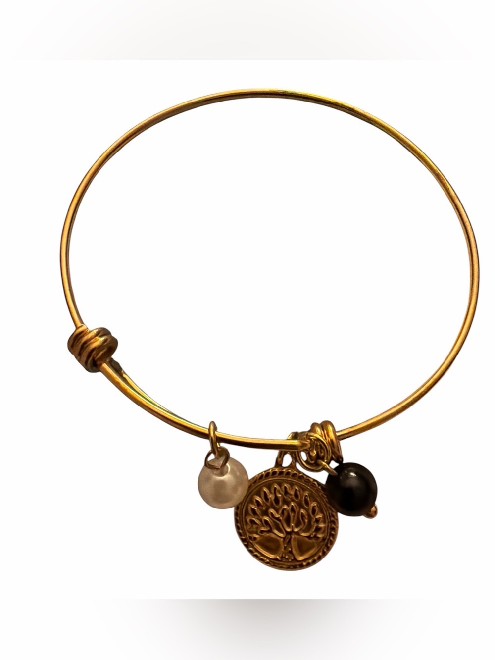 Gold Tree of Life Charm Bangle Bracelet with Black and Pearl Beads